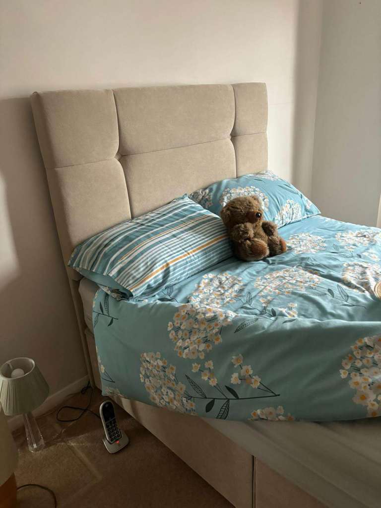 Double Bed with Headboard – Beige Fabric, Good Condition