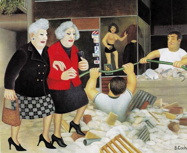 01. A framed original BUILDERS featuring BERYL COOK