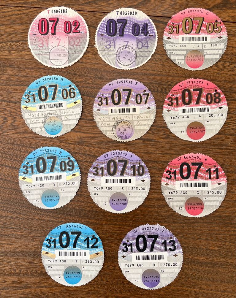 Job Lot Vintage Road Tax Discs - 16 in total 2002-2014