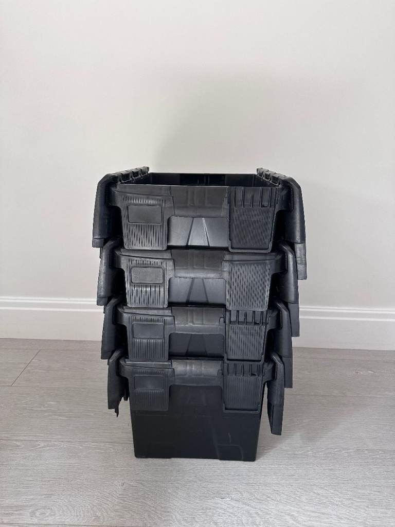 4x 25L TOTE BOX / CRATE WITH ATTACHED LID - BLACK (USED)