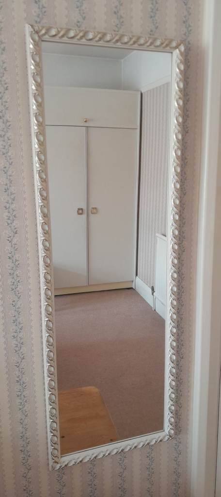 Full length mirror with an attractive white and silver wooden frame - very good condition