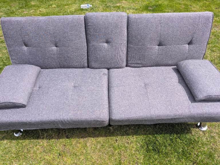 Grey Fabric Sofa Bed with Cupholders – Good Condition
