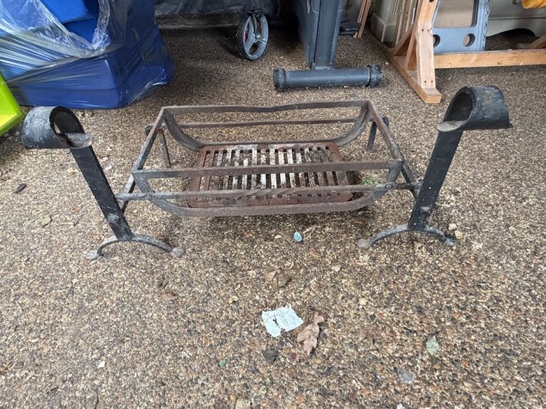 Cast Iron Fire Grate and Andirons – Fair Condition