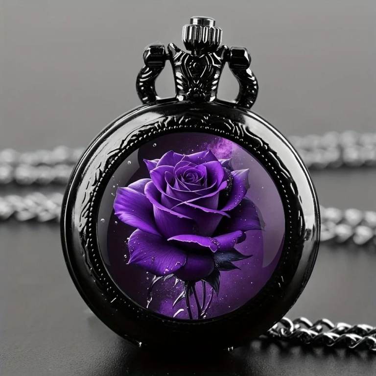 Quartz Pocket Watch Necklace – Purple Rose Pendant with Black Glass, Elegant Floral Design