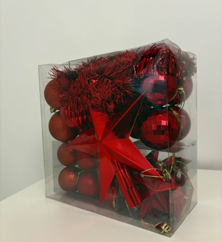 42-Piece Christmas Baubles Decoration Pack with Tree Topper & Garland - Red 