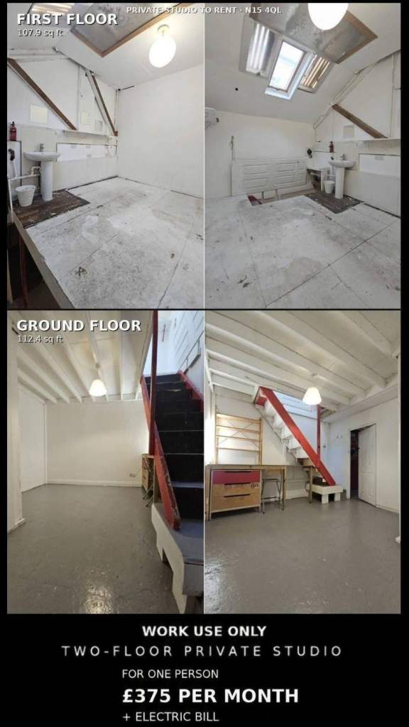(WORK ONLY) PRIVATE TWO-FLOOR STUDIO TO RENT — N15 4QL