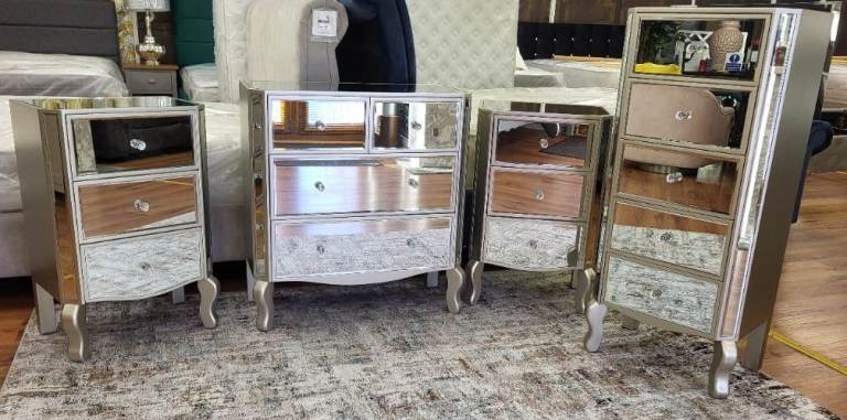 Ex-Display Mirrored Chests And Lamp Tables/Lockers For Sale