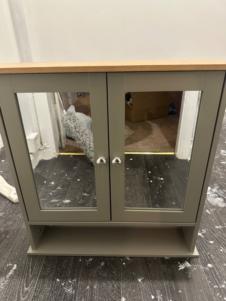 Grey Bathroom Cabinet with Mirrored Doors and Shelf