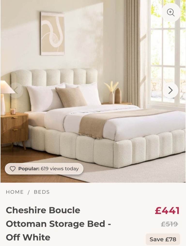 Brand New Cheshire Boucle Ottoman Kingsize Storage Bed - Off White