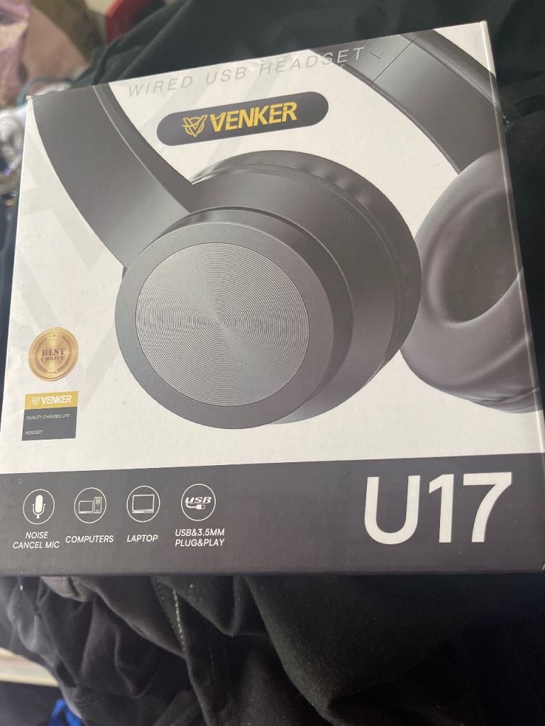 NEW Venker U17 Wired USB Headset - Black, Noise Cancelling Mic