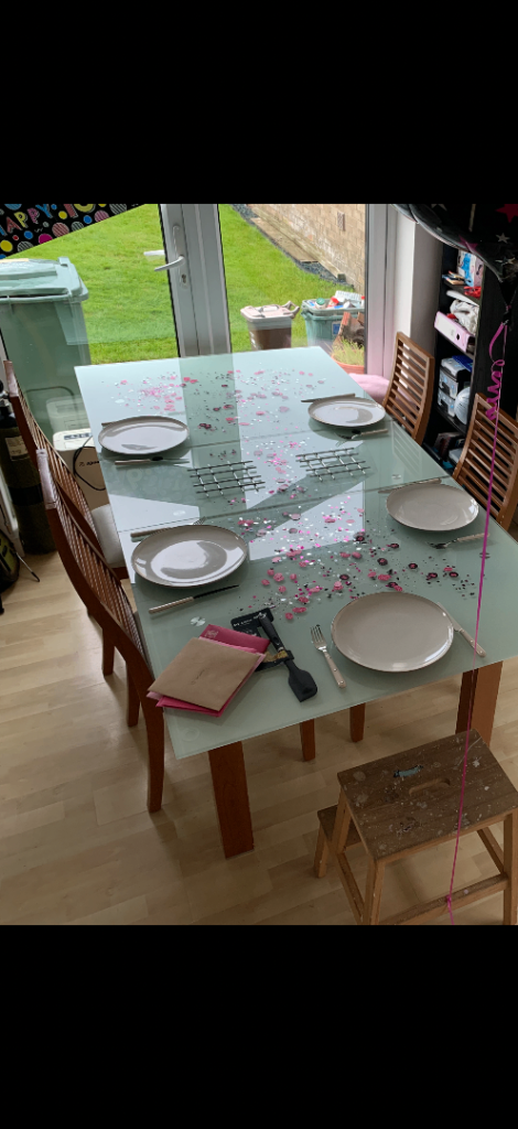 Glass Top Dining Table with 6 Wooden Chairs – Good Condition