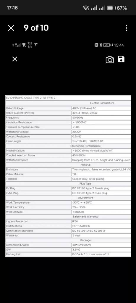 Ev charger cable 3 phrase 22kw 5 m black