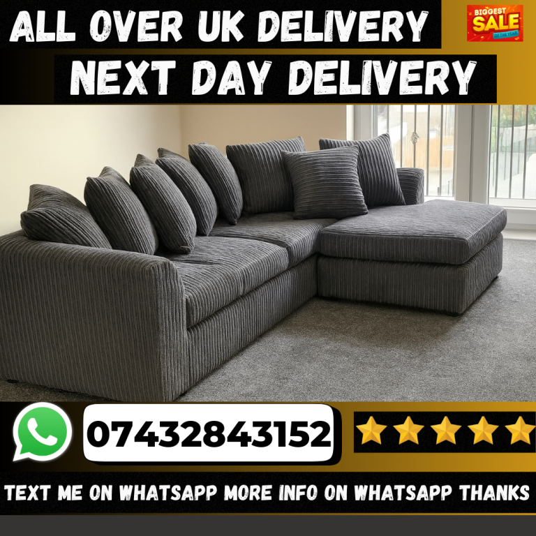 Brand New Grey Corduroy Corner Sofa with Chaise