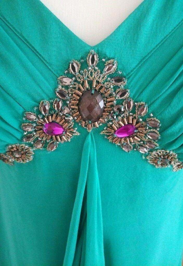 MONSOON DRESS Pure Silk 100% Boho Jade Turquoise Green Gold Bead Design Size 10 Wedding