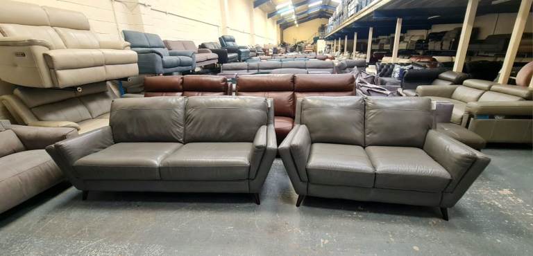 Ex-display Fellini grey leather 3+2 seater sofas