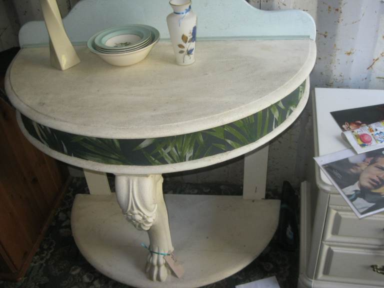 WHITE WOODEN HALF MOON - DEMILUNE TABLE. SHAPED TOP BACK LIP. 2 TIER. VERSATILE LOCATION USAGE