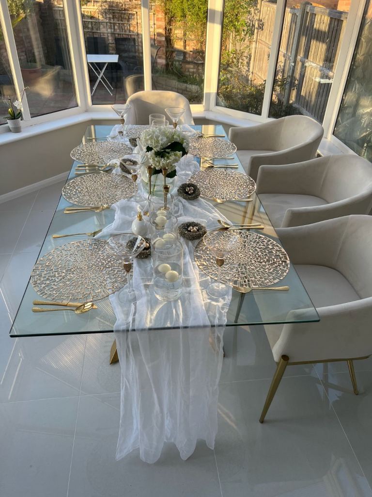 Modern Glass Dining Table and 6 Beige Chairs – Like New