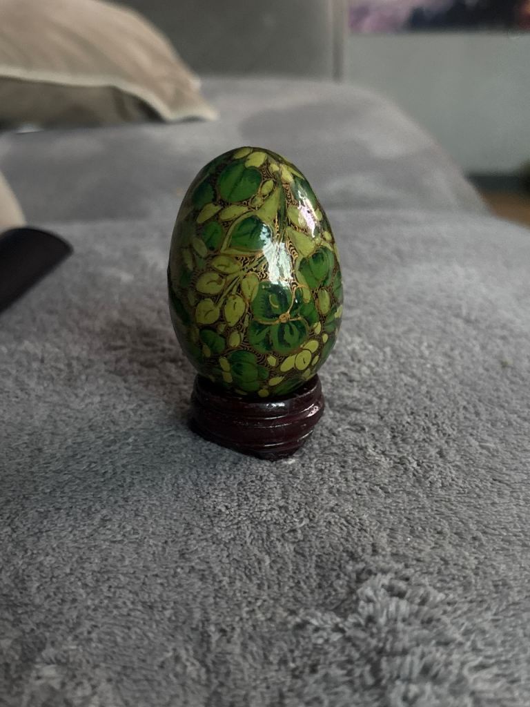 Decorative Green Patterned Egg on Wooden Stand - Good Condition