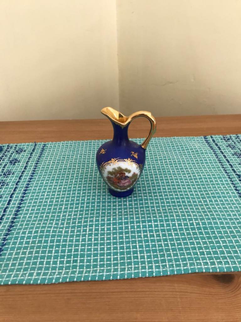 Miniature blue Limoges pitcher with gold trim 10 cms high - perfect