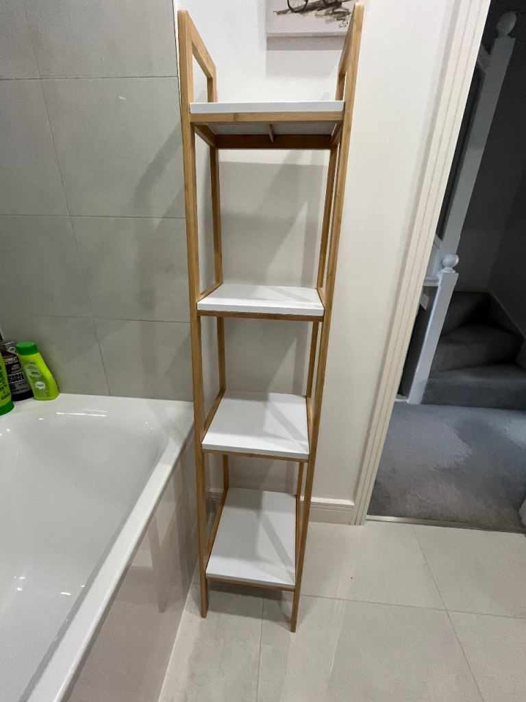 Pine and White 4-Tier Slim Storage Shelf Unit