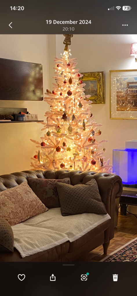 Pink flock 7ft Christmas tree with lights. 