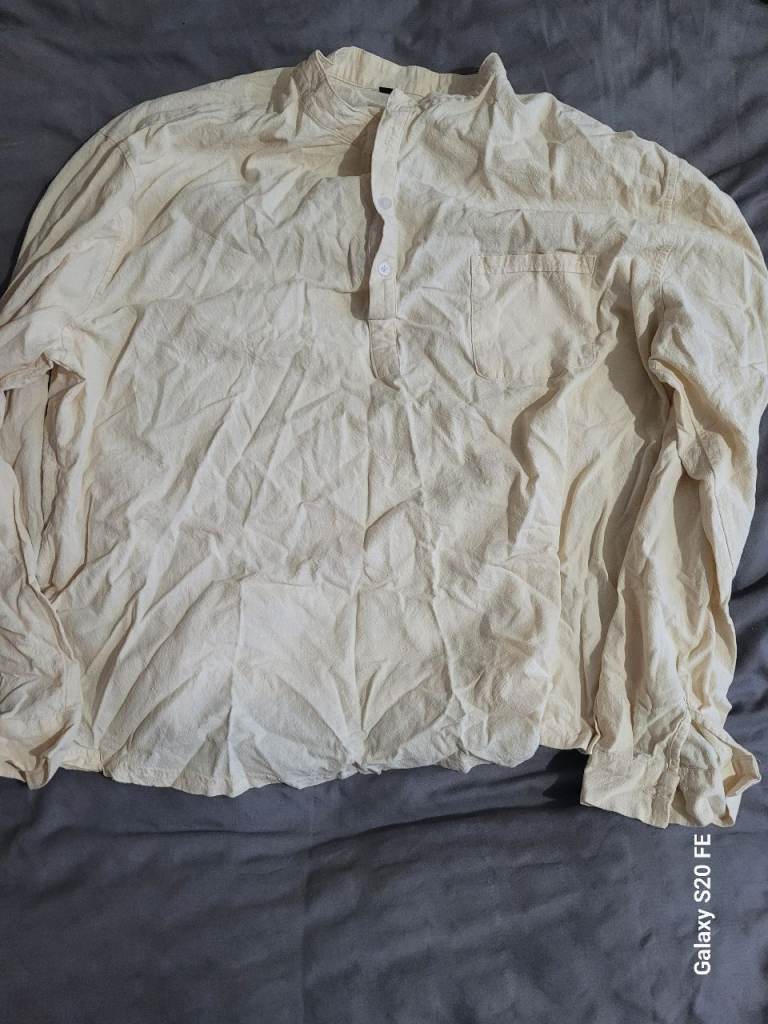 image for Preloved Men's 3XL Cotton Linen Grandad Collar Shirt  Cream/Off-White | faulty top button