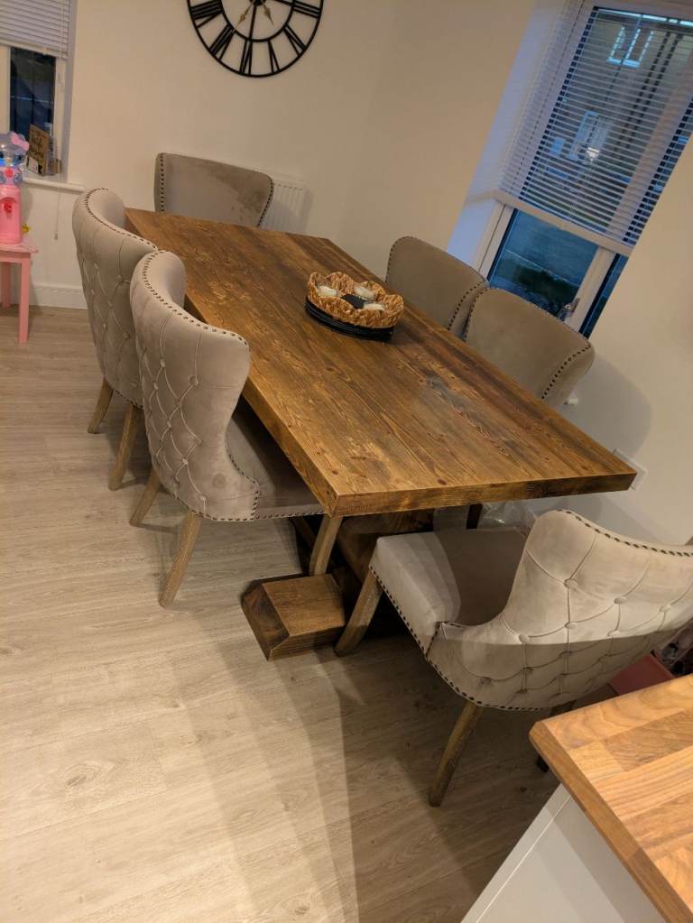 Burnsall Reclaimed Wood 200cm Dining Table & 6 Lafayette Beige Velvet Chairs (OTO)