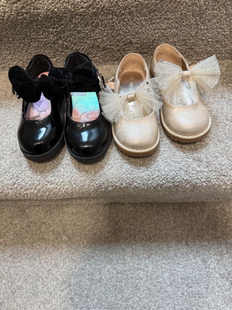 Girls' Party Shoes - Black Patent & Gold Glitter, Good Condition