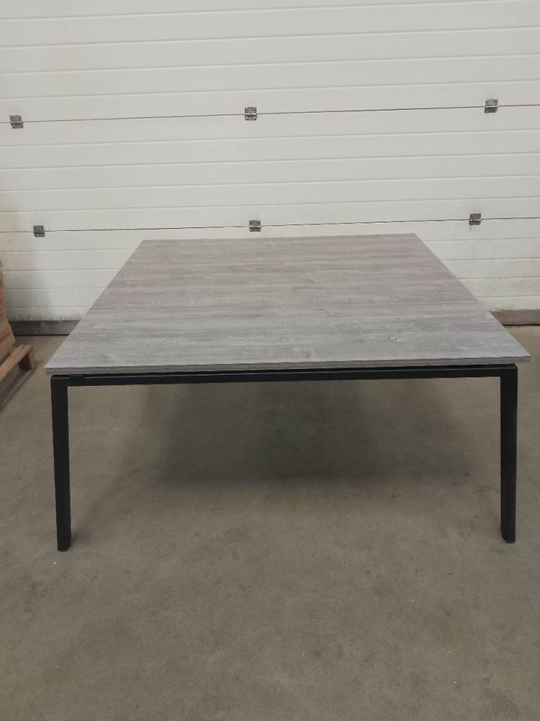 Grey oak meeting room table black metal frame 1400mm square