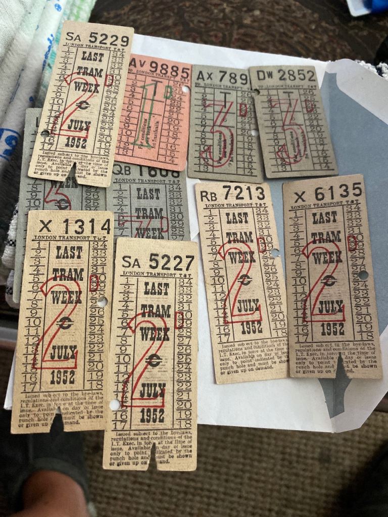 Collection of genuine London Transport tram tickets from July 1952