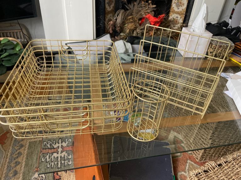 Gold metal wire office items document tray pen pot