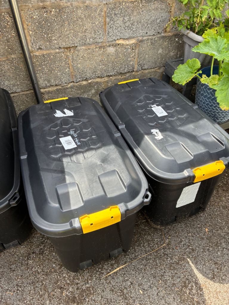 Large Black Plastic Storage Tubs with Lids – Good Condition
