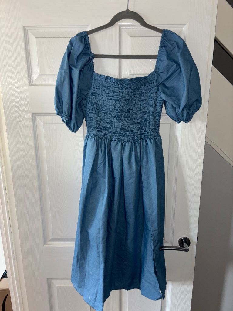 Blue smock puff sleeve dress 