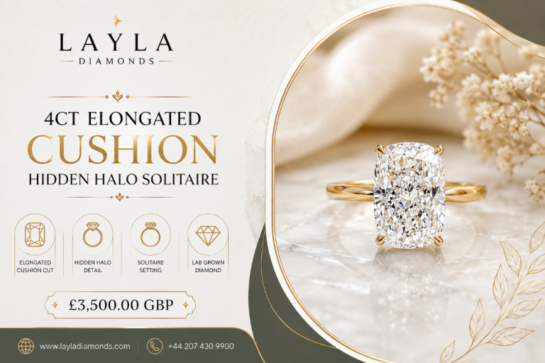 Beauty of 4ct Elongated Cushion Hidden Halo Solitaire | Layla Diamonds