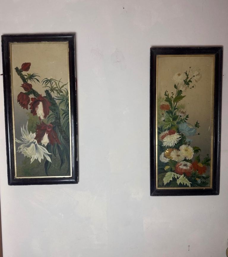 c.1900–1920 Pair of Antique Floral Paintings in Wooden Frames