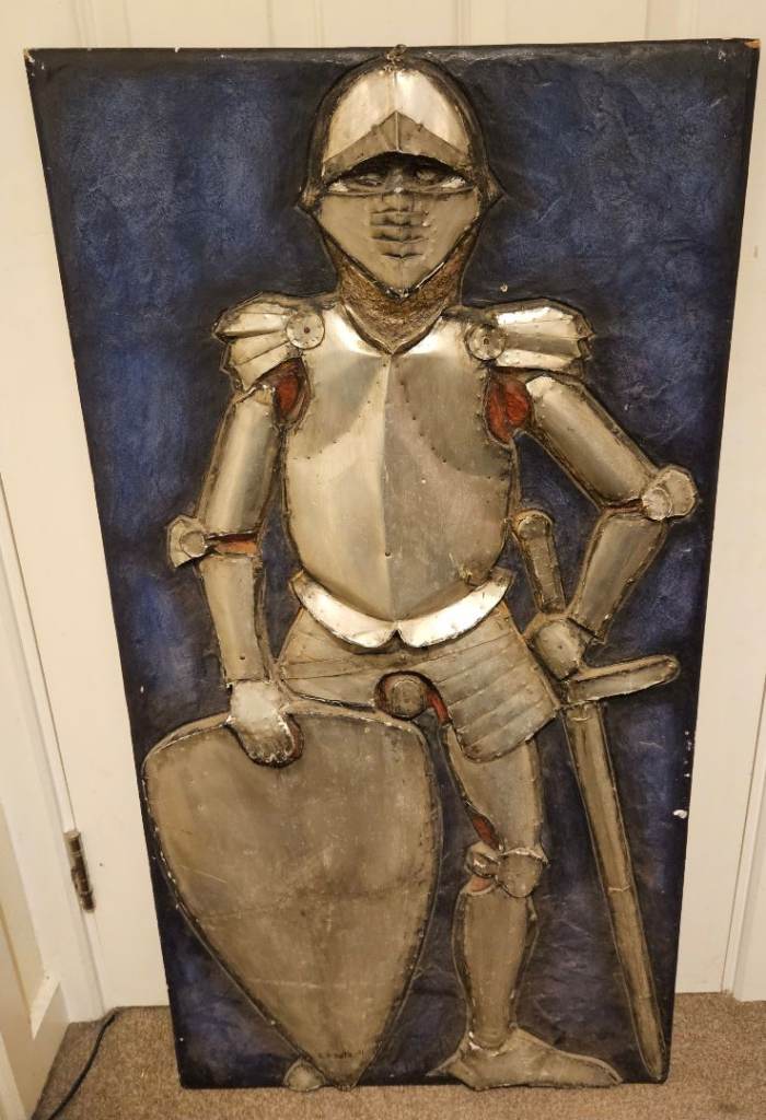 Knight Suit of Armour Mid-Century Large Multi Media Oil Painting Sculptured