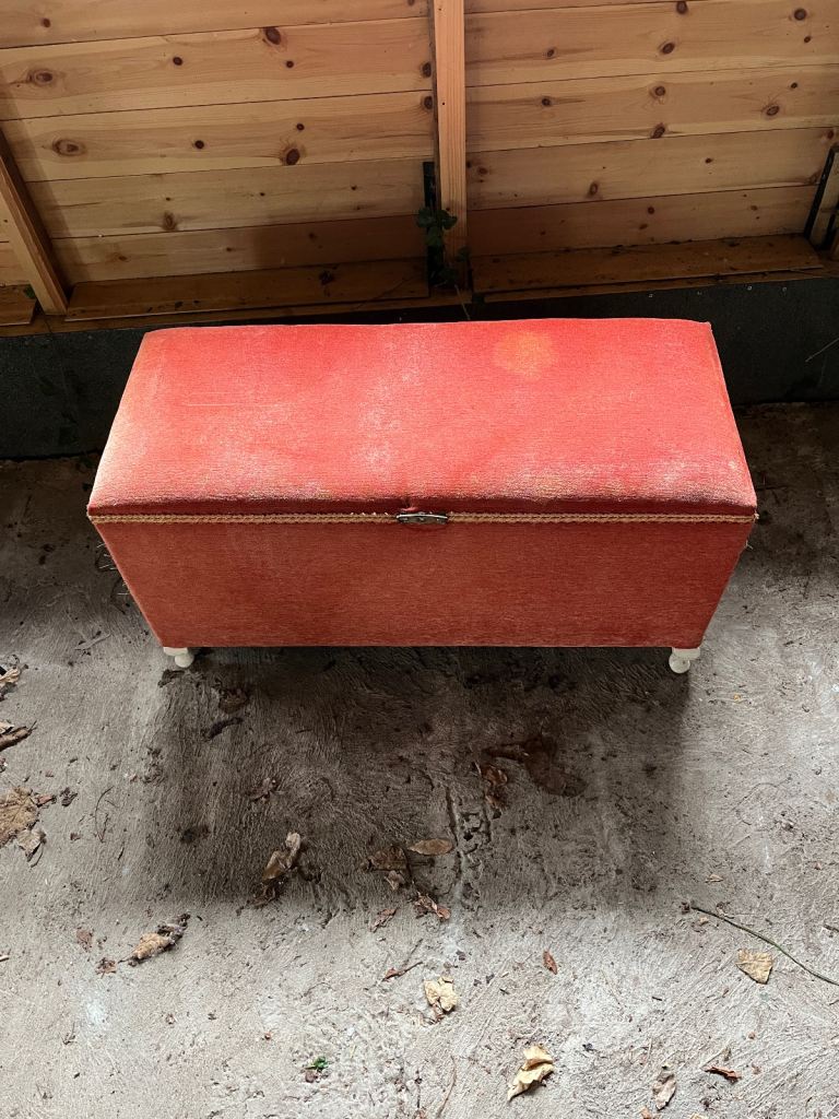 Lloyd Loom ottoman dark pink velvety material. 3 feet long.