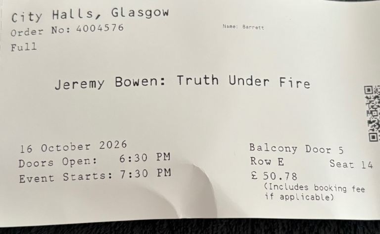 Jeremy Bowen:Truth Under Fire x2 tickets Glasgow 