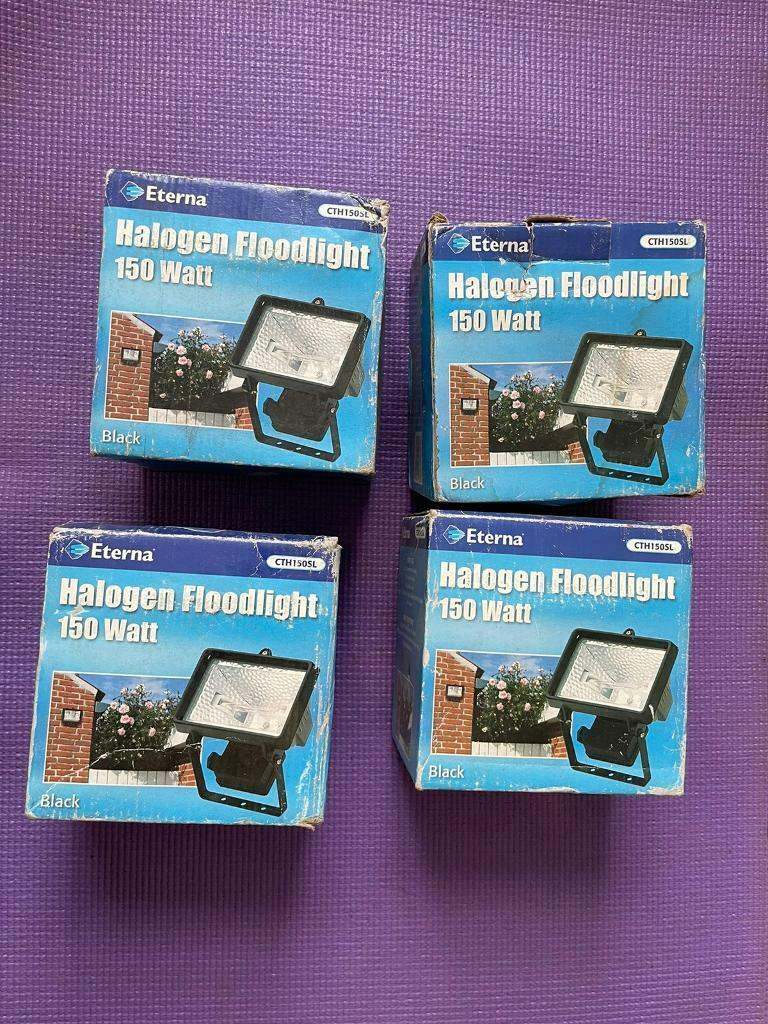 image for 4 x Eterna 150w Halogen Floodlight - Black Cast Aluminium - 150 Watts 