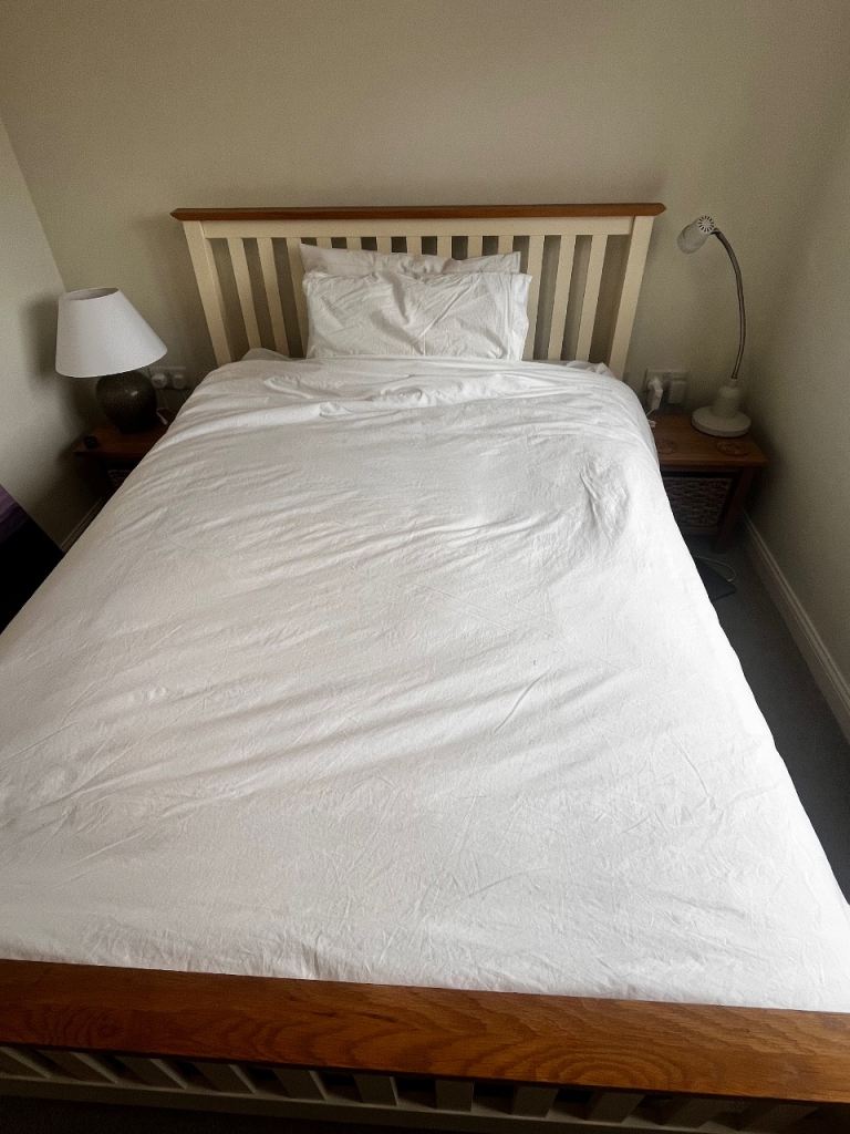 FREE Double Bed Frame with Slats – Cream and Wood, Good Condition