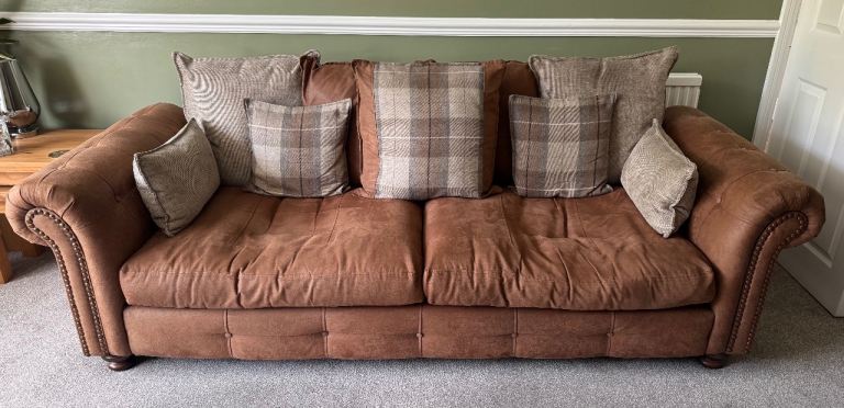 DFS Brown Leather Pillow Back Sofa – Good Condition
