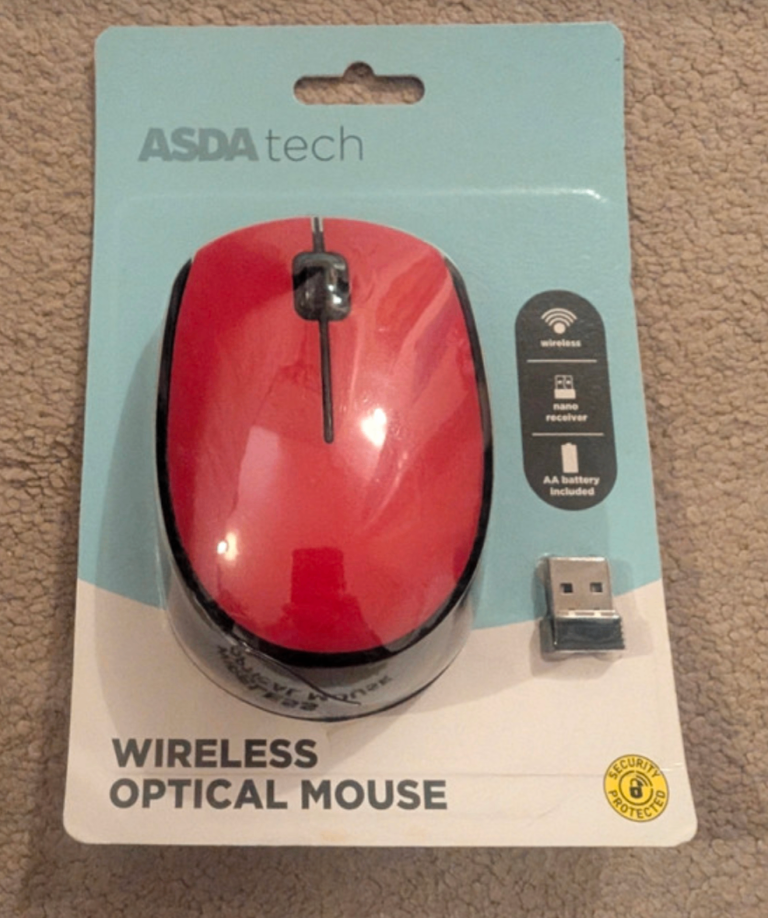 ASDA Wireless Optical Mouse - Red, Brand New in Packaging