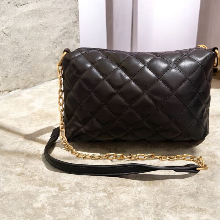 New Black Quilted Faux Leather Shoulder Bag with Gold Chain