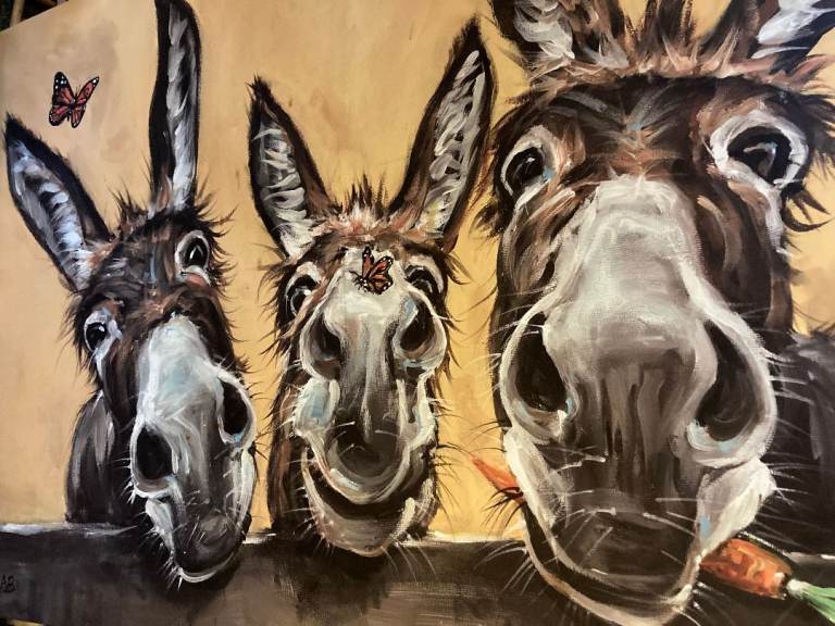 VERY LARGE DONKEYS CANVAS PICTURE 4 TO 5 FOOT BY 3 FOOT APPROX ON FRAME
