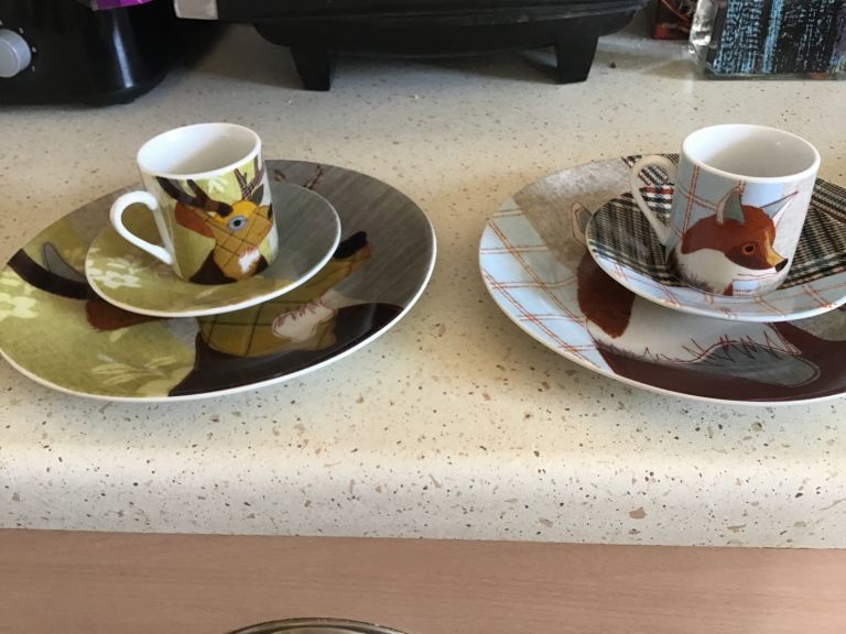  Carola Van Dyke coffee cups, saucers and side plates