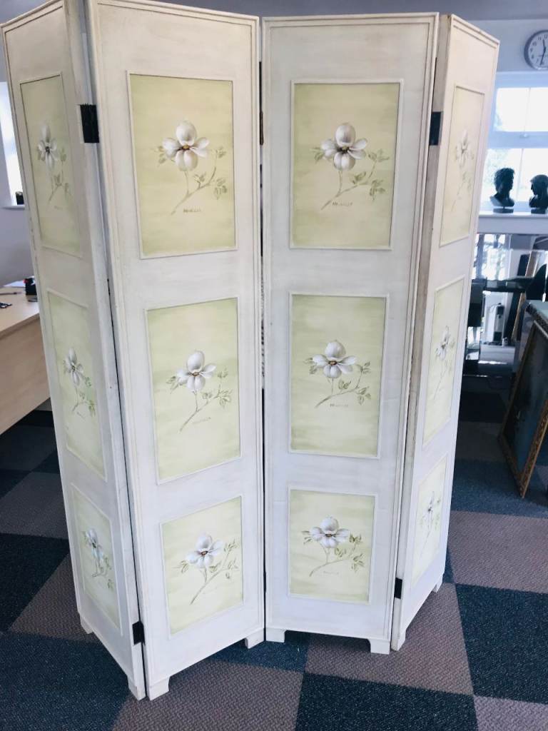 WOOD PAINTED FLORAL DESIGN SHABBY CHIC WOOD 4 PANEL SCREEN
