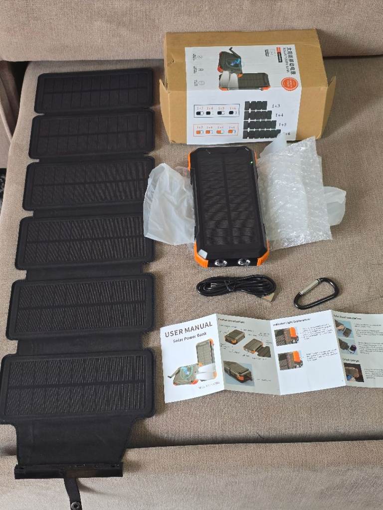 20,000mAh Solar Power Bank, with Cigarette Lighter & Hand Crank + 6 Solar Panels