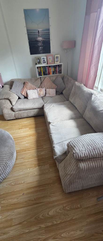 Large Beige Corner Sofa with Cuddle Chair and Footstool