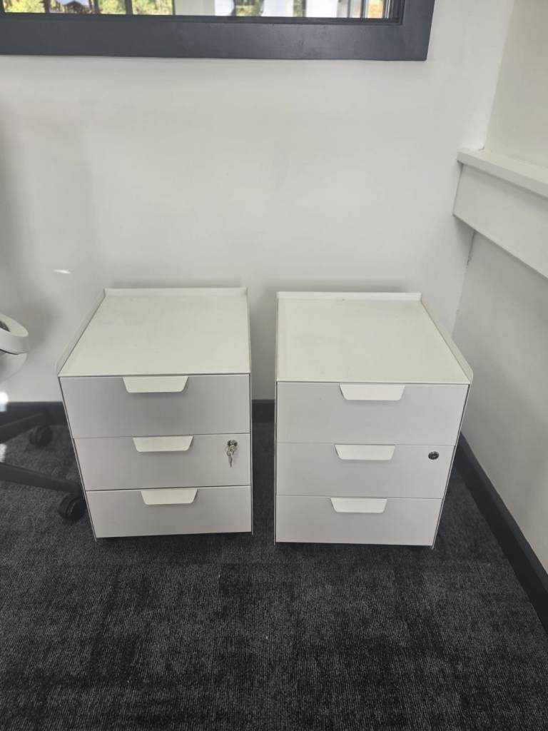 Pair of White Metal 3-Drawer Filing Cabinets with Keys