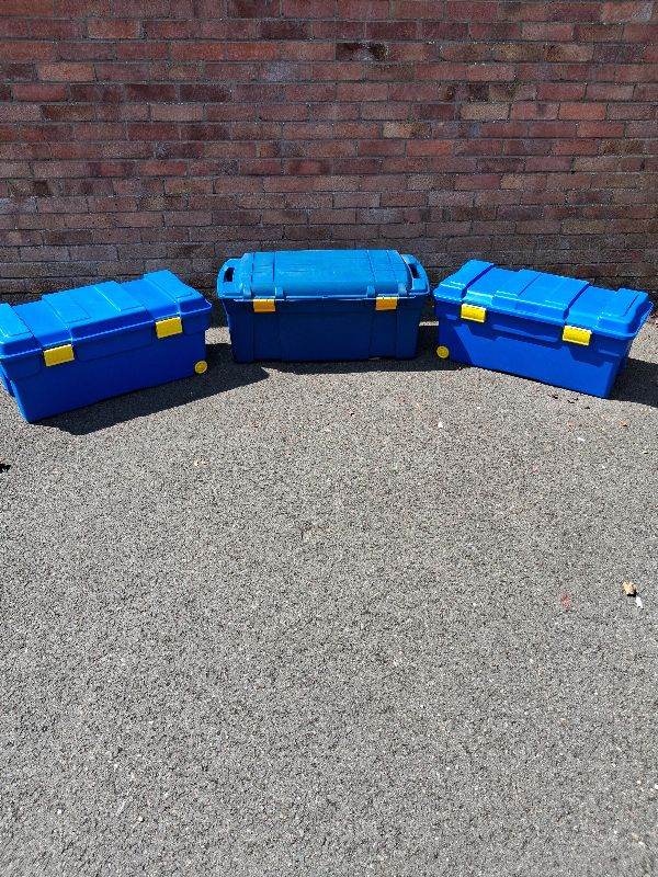 3 Large Blue Plastic Storage Boxes with Yellow Clasps – Good Condition